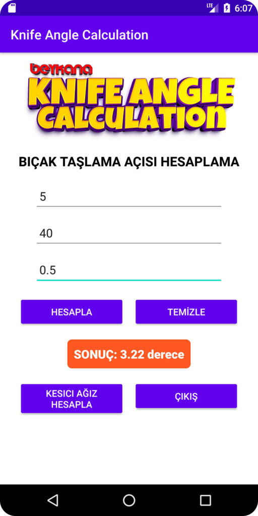 knife angle calculation app interface