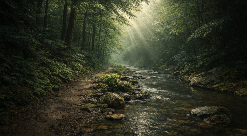 4K rain forest ambience with relaxing rain and river sounds